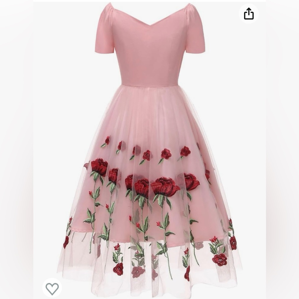 TIPTUPU a light pink rock a billy style swing dress with embroidered red roses